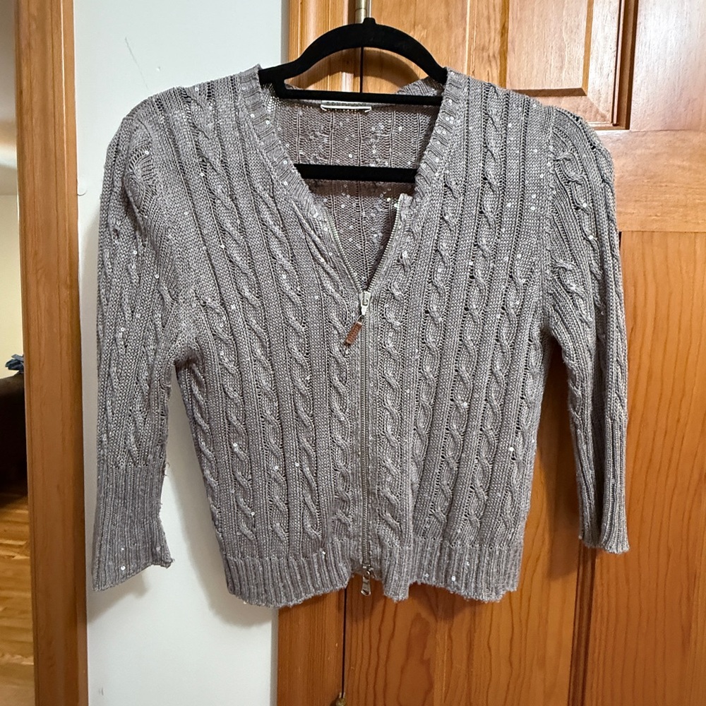 Brunello Cucinelli Zip Front Cardigan. 3/4 sleeves. Linen & Silk size S/M